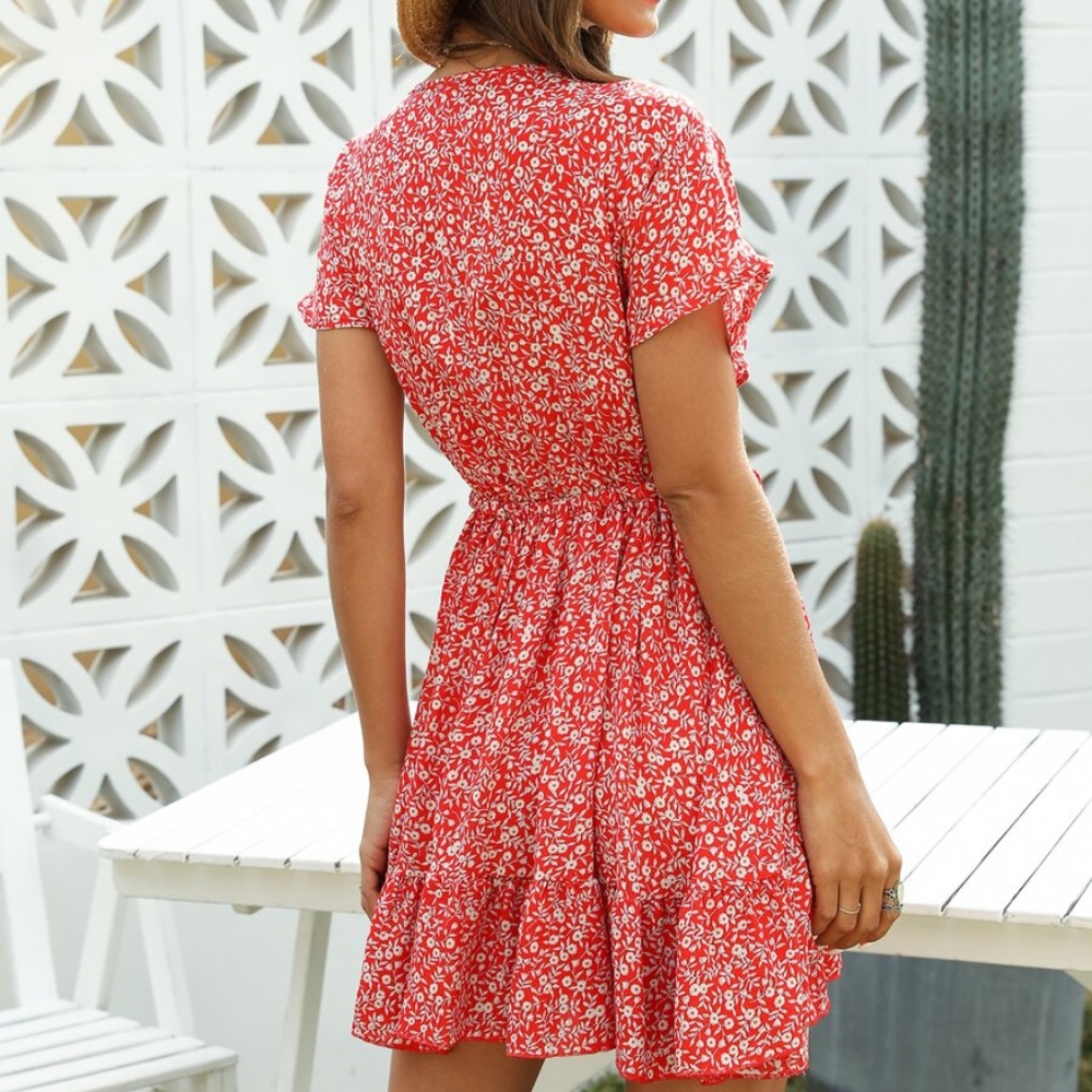 Boho red floral v neck front tie ruffle Dress - Picture 6 of 6